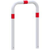 Impact protection bars | as e-charging post protection | for casting in concrete, | total width: 750mm, total height: 1150mm | hot-dip galvanized and white powder-coated with red reflective stripes foil type RA1/A
